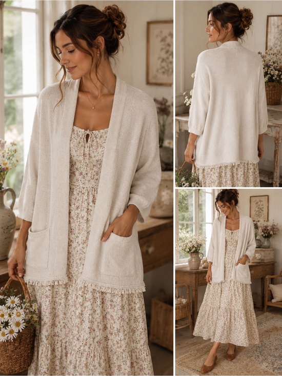 Sweaters - Repeat Open Front Knit Cardigan Sweater | Cream | Size XL | Cozy Minimalist